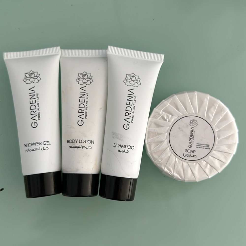 Gardenia Pure Plant Live Shower Gel, Shampoo, Body Lotion and Soap. Travel size